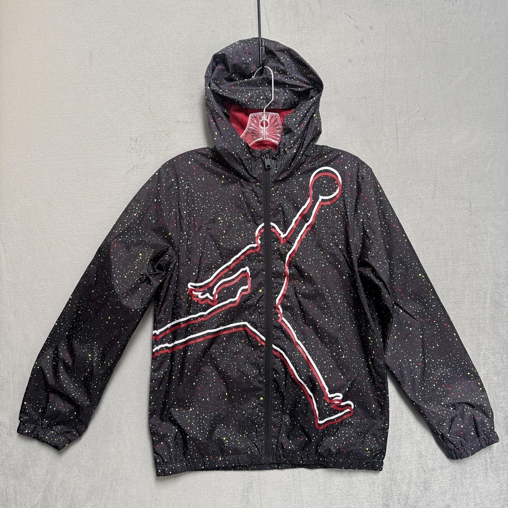 Jordan‎ Jacket Youth Large 12-13 Black Hooded Windbreaker Splatter Print Kids